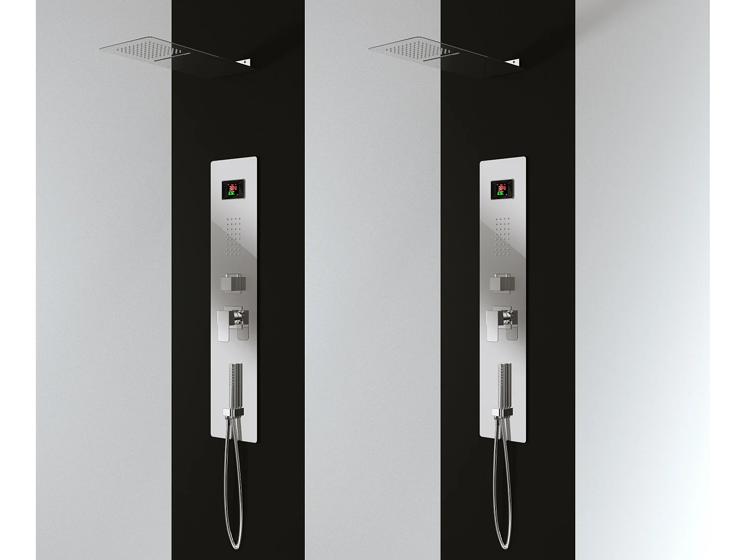 Panneau douche en acier inox avec 4 fonctions, inclu le flexible, la douche à main, les gets hydromassage, la cascade cervicale