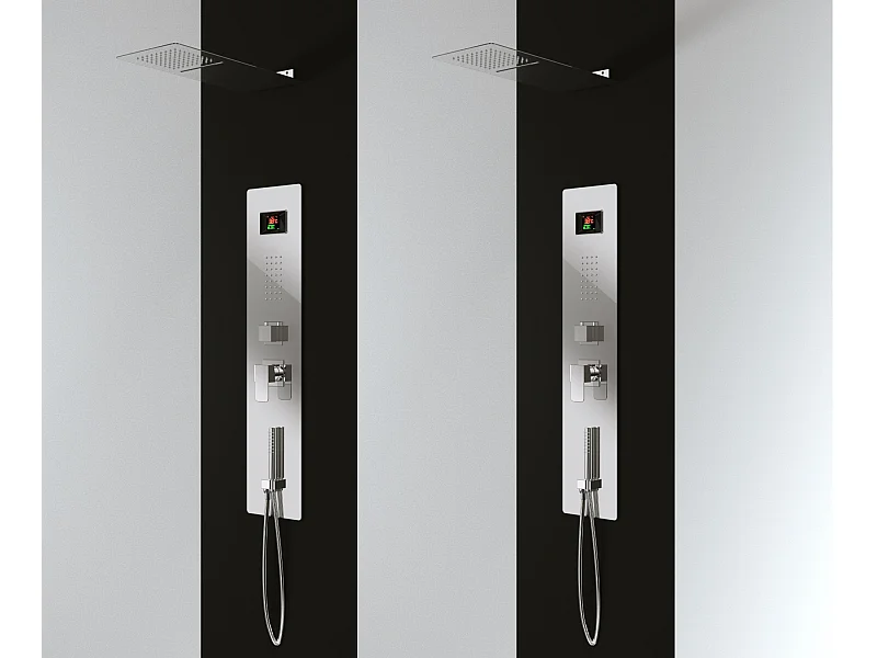 Panneau douche en acier inox avec 4 fonctions, inclu le flexible, la douche à main, les gets hydromassage, la cascade cervicale