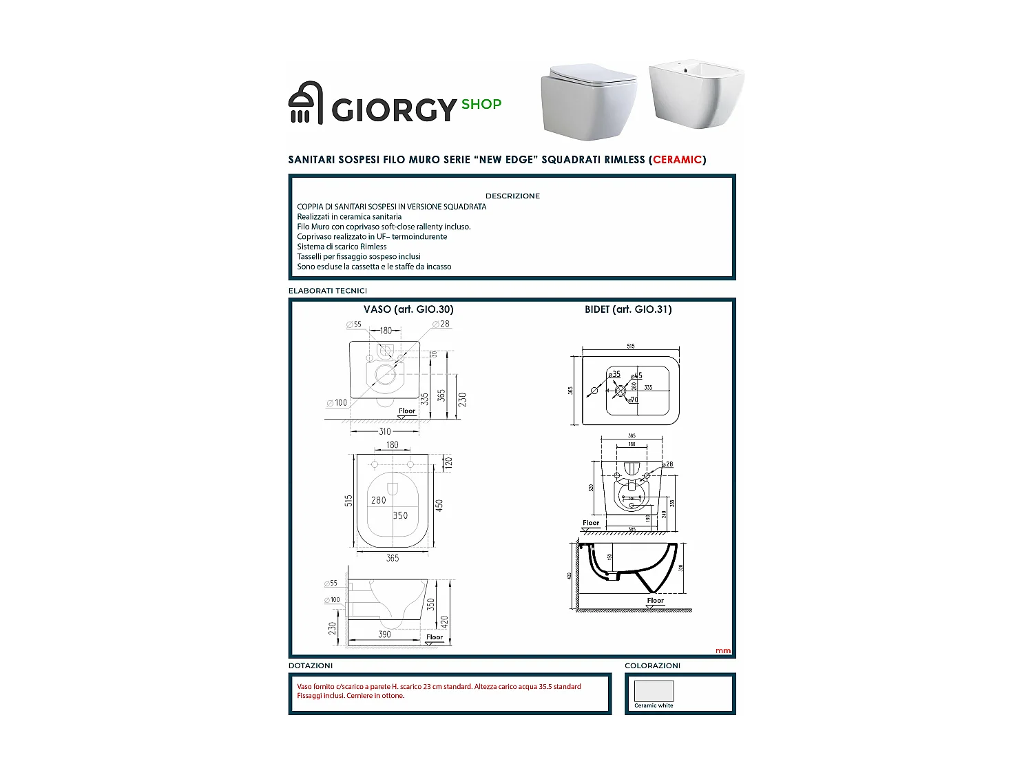 Coppia Sanitari Sospesi Rimless senza brida linea squadrata dimensioni ridotte coprivaso soft-close