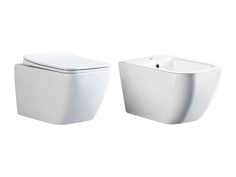 Coppia Sanitari Sospesi Rimless senza brida linea squadrata dimensioni ridotte coprivaso soft-close