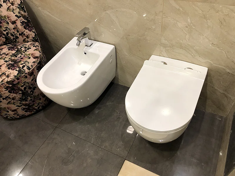 Couple de sanitaires au ras du mur suspendu ligne ronde