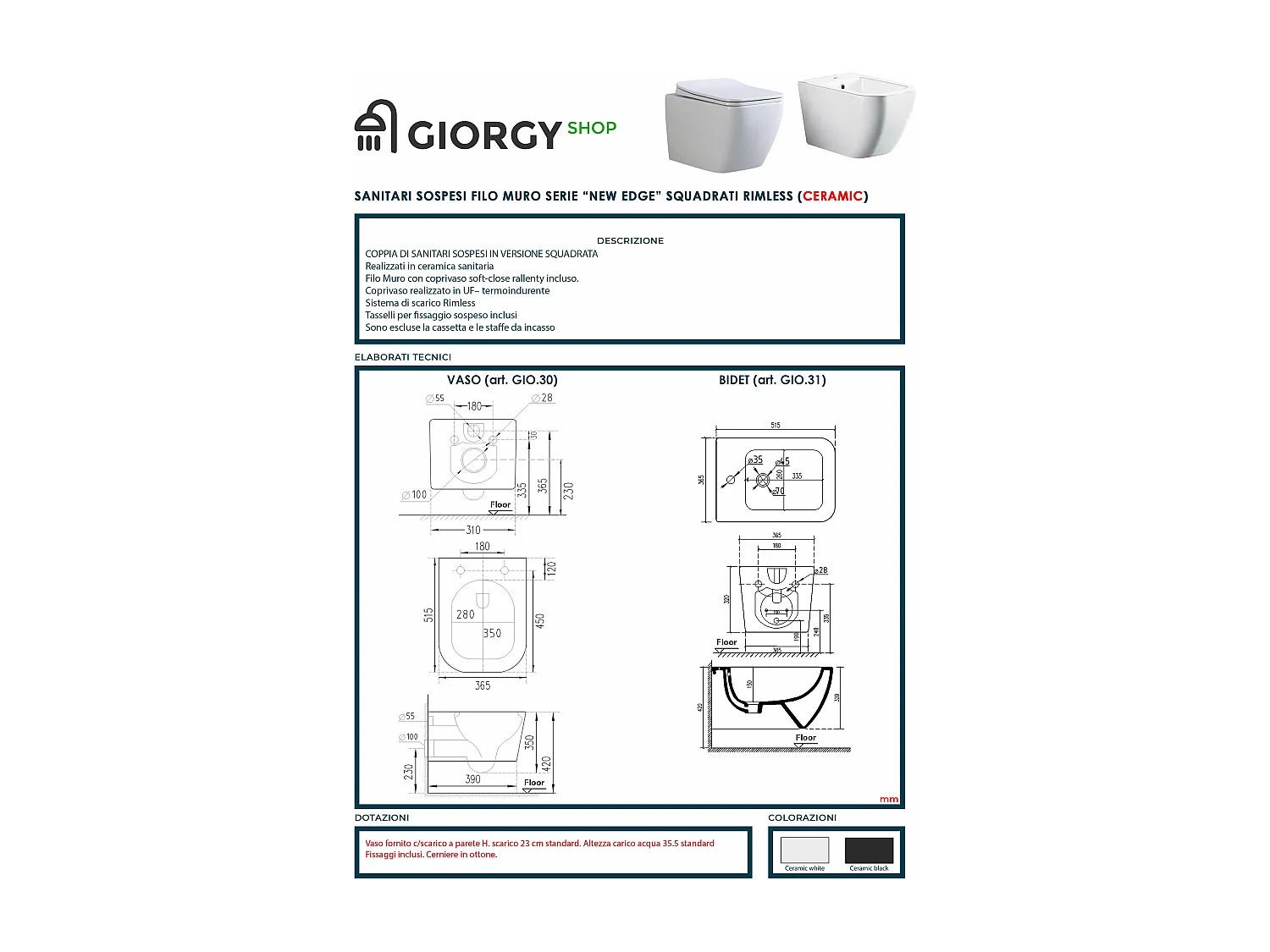 Coppia Sanitari Sospesi Rimless Senza Brida Serie New Edge Nero Opaco Coprivaso Soft-Close Incluso