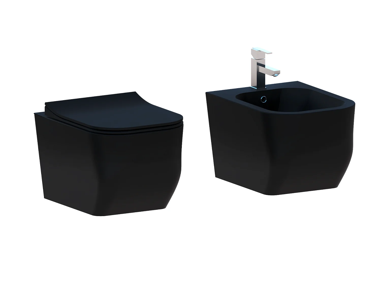 Couple de sanitaires suspendu Rimless sans bride, gamme New Edge de couleur noire mat avec abattant soft-close inclus