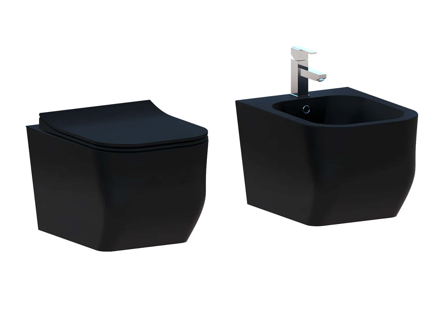 Couple de sanitaires suspendu Rimless sans bride, gamme New Edge de couleur noire mat avec abattant soft-close inclus