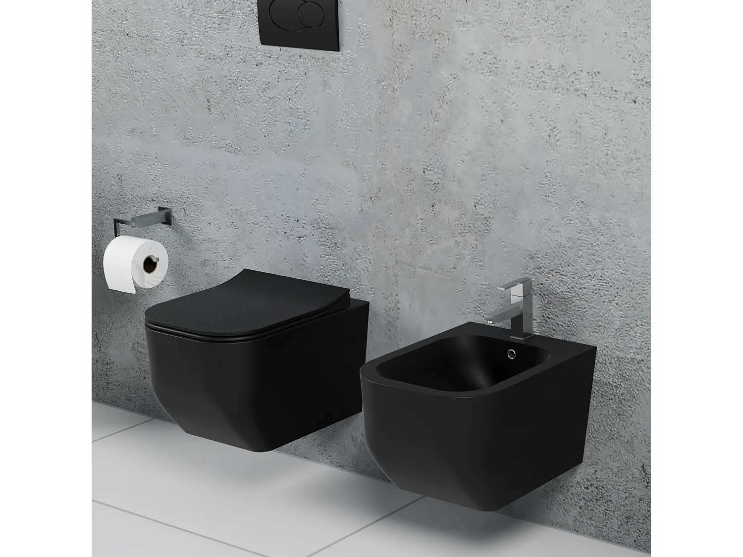 Couple de sanitaires suspendu Rimless sans bride, gamme New Edge de couleur noire mat avec abattant soft-close inclus