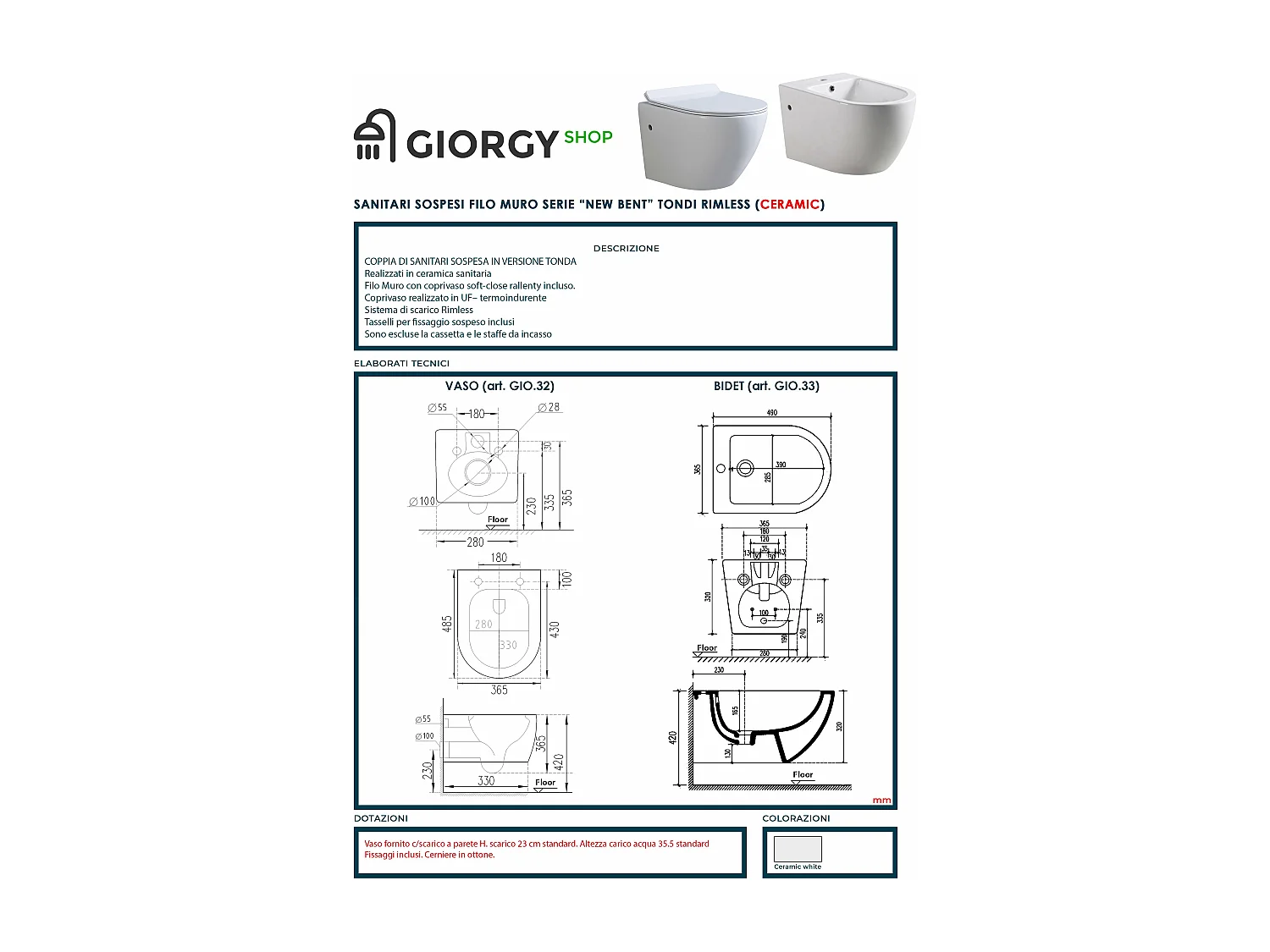 Coppia Sanitari Sospesi Rimless senza brida linea tonda dimensioni ridotte coprivaso soft-close