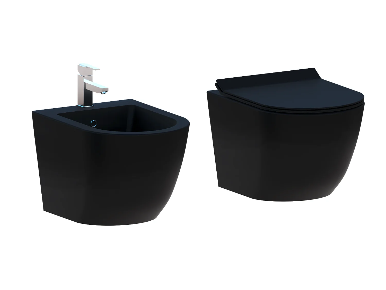 Couple de sanitaires suspendu Rimless sans bride, gamme New Bent de couleur noire mat avec abattant soft-close inclus