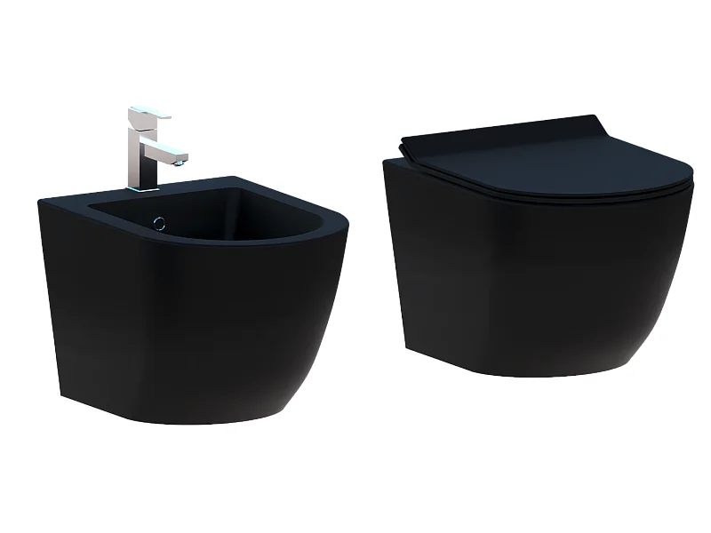 Coppia Sanitari Sospesi Rimless Senza Brida Serie New Edge Nero Opaco Coprivaso Soft-Close Incluso