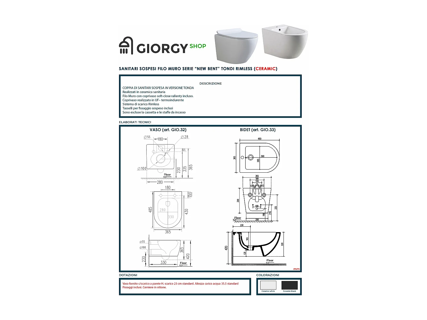 New Bent Grey set coppia sanitari sospesi rimless senza brida , GRIGIO OPACO , coprovaso soft close incluso