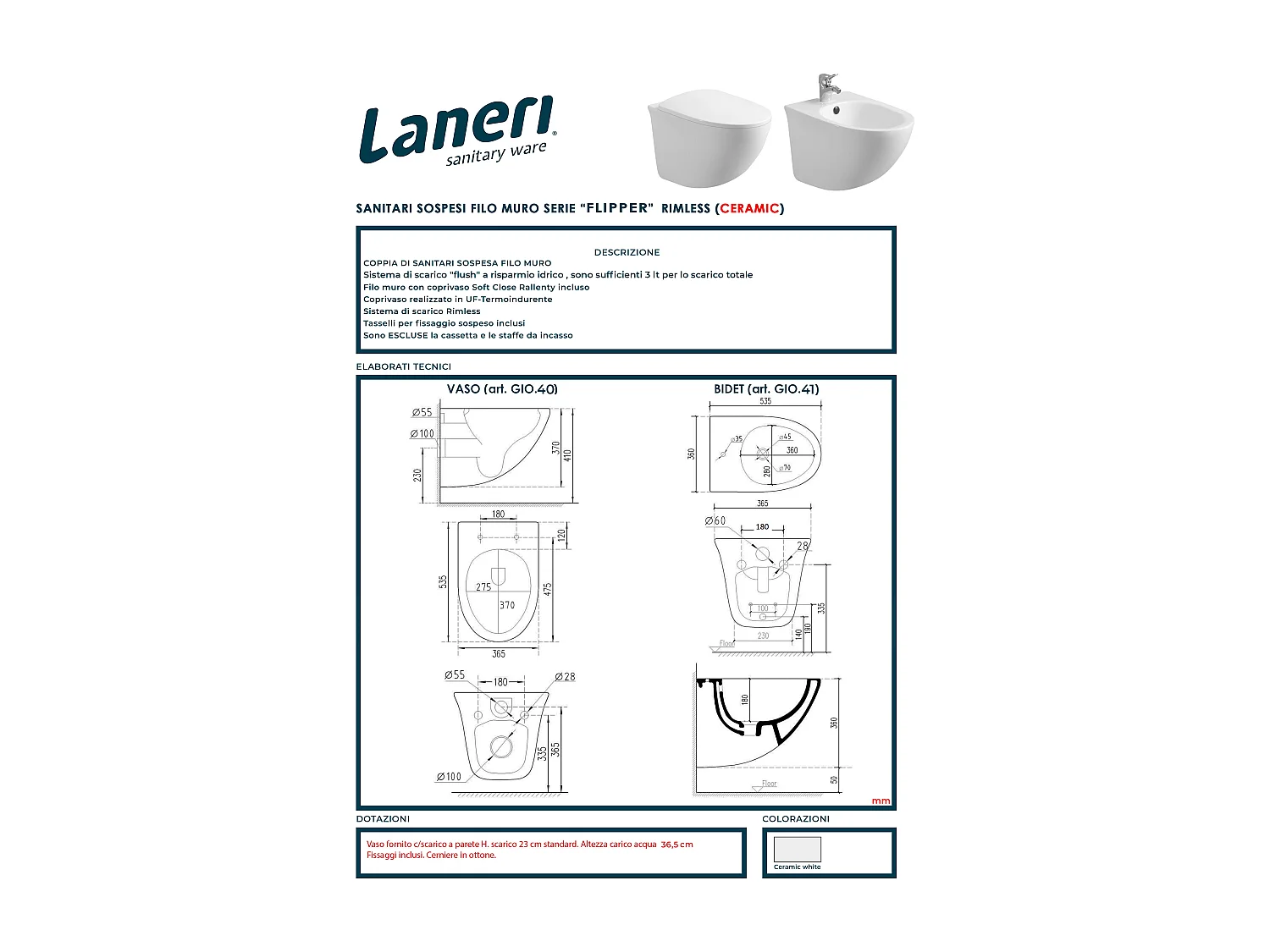 Coppia Sanitari Sospesi Rimless Senza Brida Serie Flipper Coprivaso Soft-Close Incluso