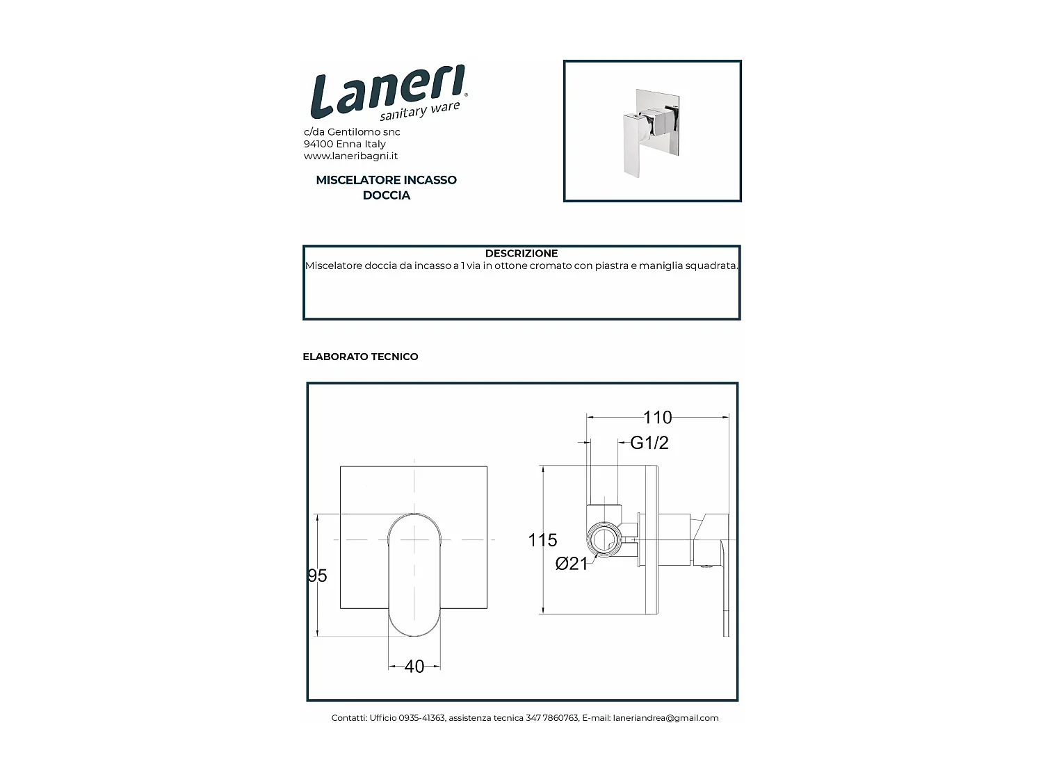 Set Rubinetteria Per Bagno da design squadrata moderna con piletta click clack inclusa -  INCASSO DOCCIA MISCELATORE