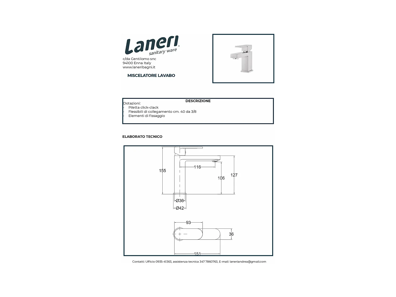 Set Rubinetteria Per Bagno da design squadrata moderna con piletta click clack inclusa -  LAVABO MISCELATORE
