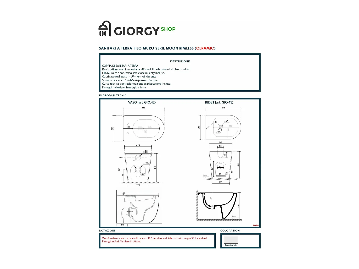 Moon Coppia di Sanitari a Terra Senza Brida con scarico Rimless , wc , Bidet e Coprivaso soft-close , Fissaggi e curva tecnica inclusa