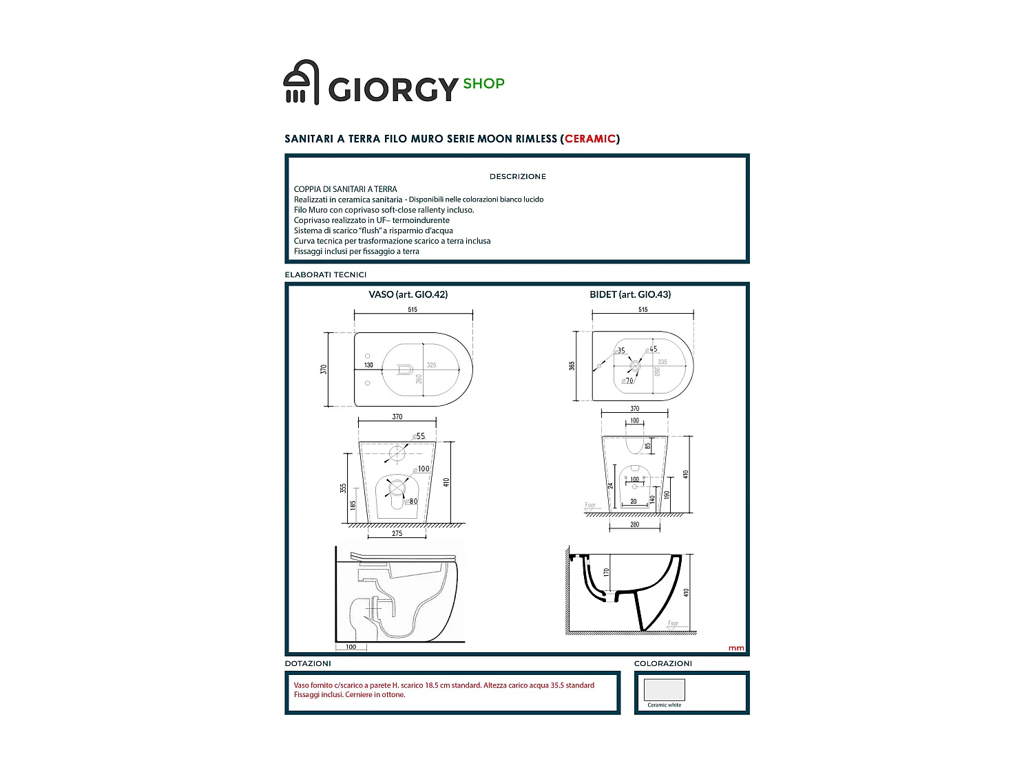 Moon Coppia di Sanitari a Terra Senza Brida con scarico Rimless , wc , Bidet e Coprivaso soft-close , Fissaggi e curva tecnica inclusa