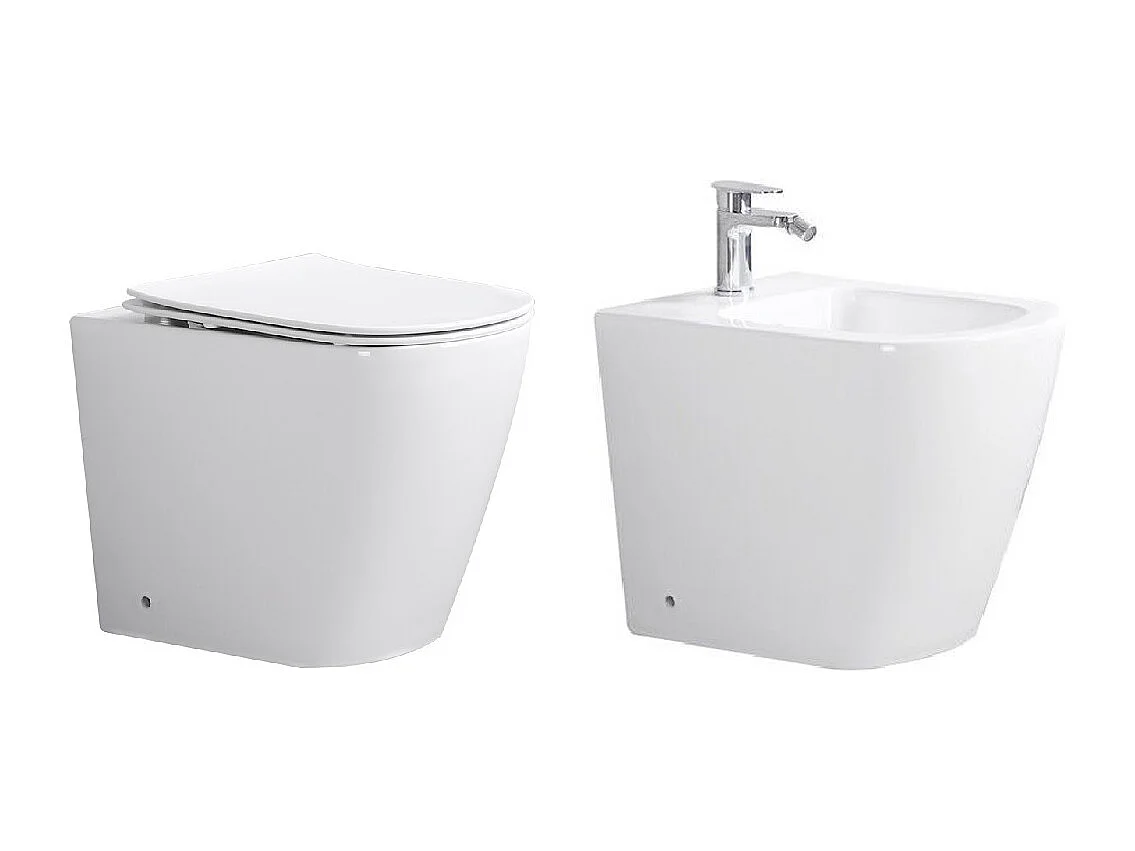 Moon Coppia di Sanitari a Terra Senza Brida con scarico Rimless , wc , Bidet e Coprivaso soft-close , Fissaggi e curva tecnica inclusa