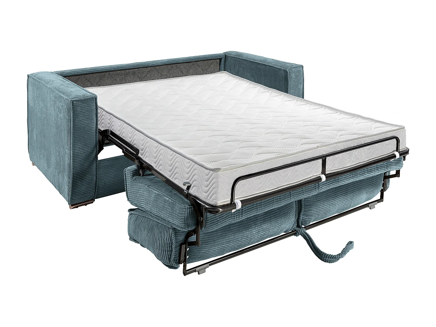 Canapé 3 places convertible express en velours côtelé bleu turquoise avec assise mémoire de forme - Couchage à lattes larges 140 cm - Matelas 14 cm LORETO