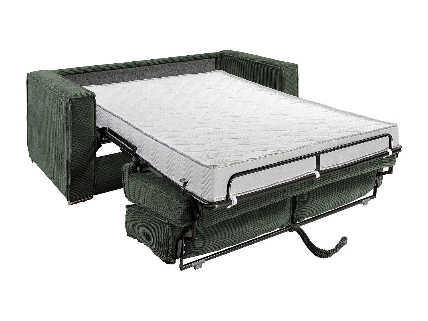 Canapé 4 places convertible express en velours côtelé vert sapin avec assise mémoire de forme - Couchage à lattes larges 160 cm - Matelas 14 cm LORETO