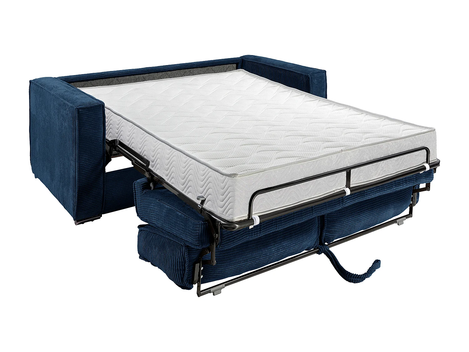 Canapé 3 places convertible express en velours côtelé bleu nuit avec assise mémoire de forme - Couchage à lattes larges 140 cm - Matelas 18 cm LORETO