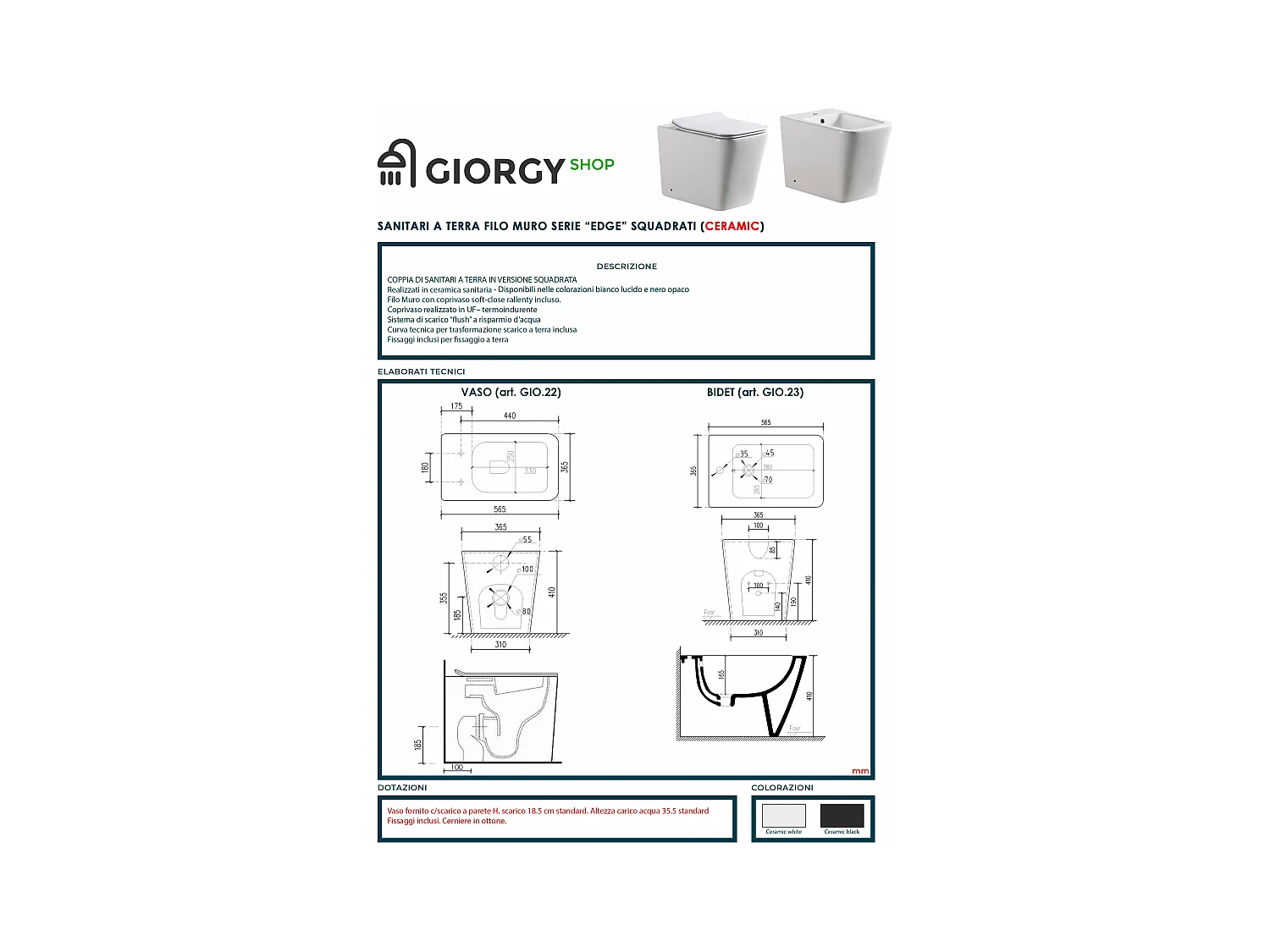 Set Sanitari a terra filo muro, linea squadrata colore nero opaco coprivaso soft-close