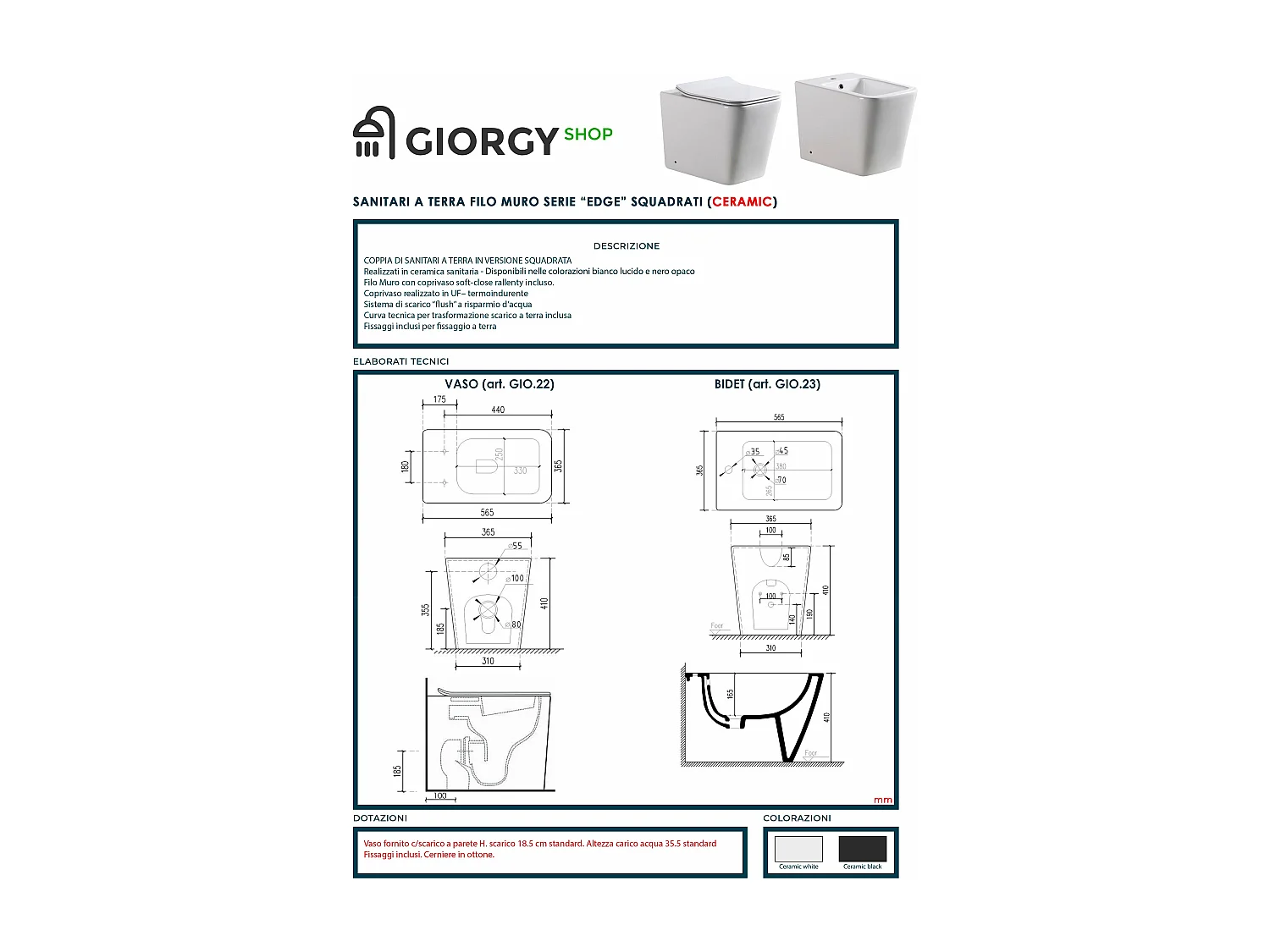 Sanitari a terra filo muro, linea squadrata