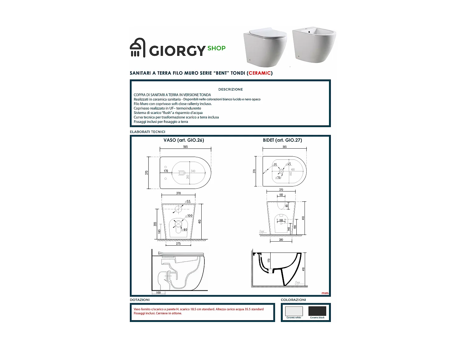 Set Sanitari a terra filo muro, linea tonda colore nero opaco coprivaso soft-close