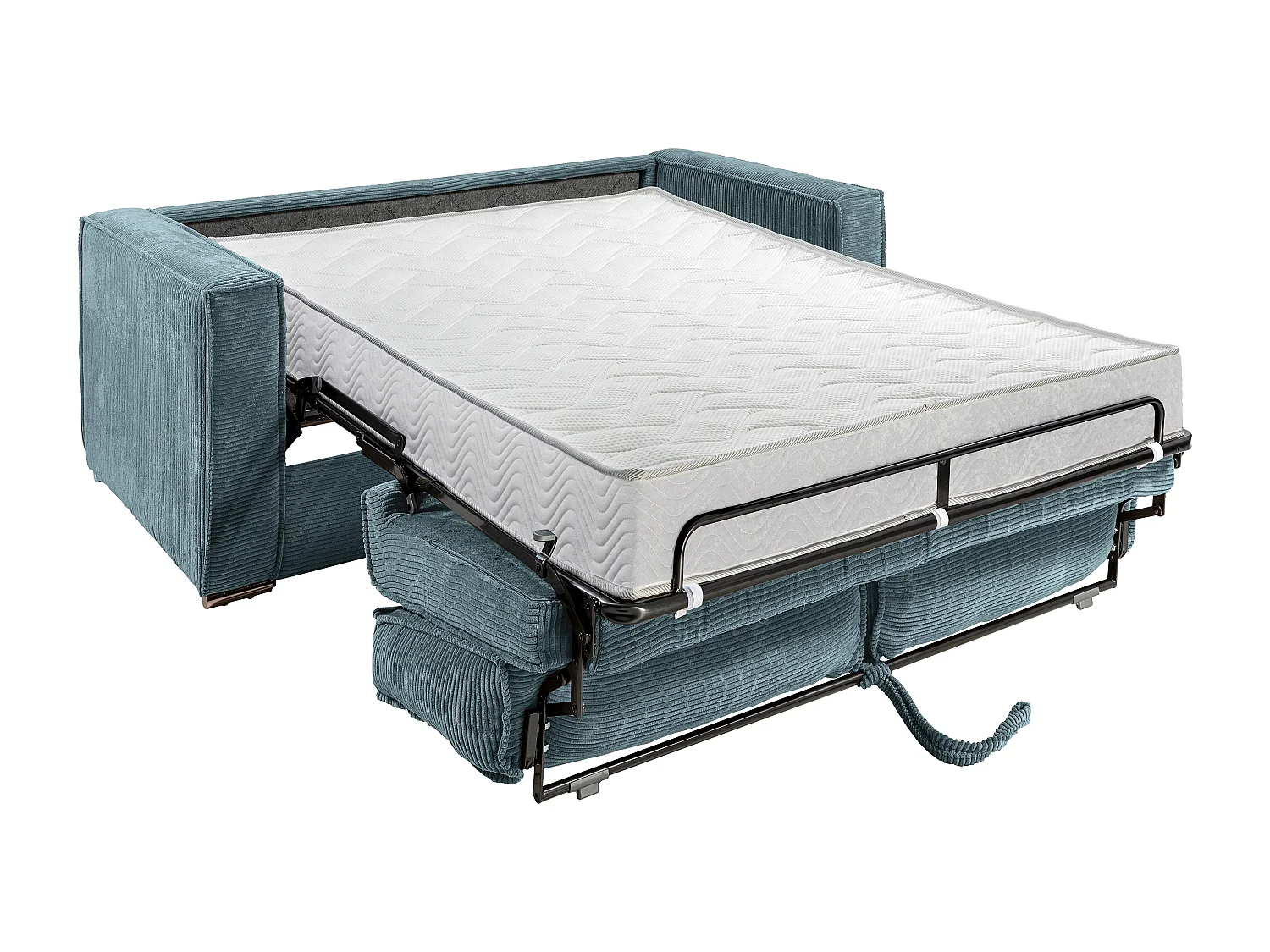 Canapé 4 places convertible express en velours côtelé bleu turquoise avec assise mémoire de forme - Couchage à lattes larges 160 cm - Matelas 18 cm LORETO