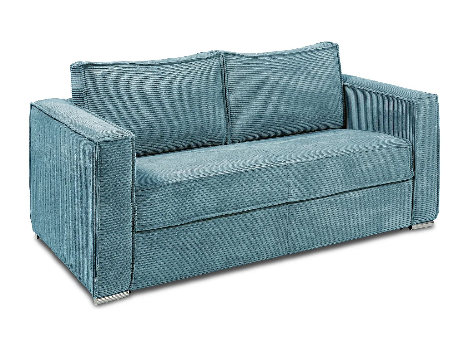 Canapé 3 places convertible express en velours côtelé bleu turquoise avec assise mémoire de forme - Couchage à lattes larges 140 cm - Matelas 22 cm mémoire de forme LORETO