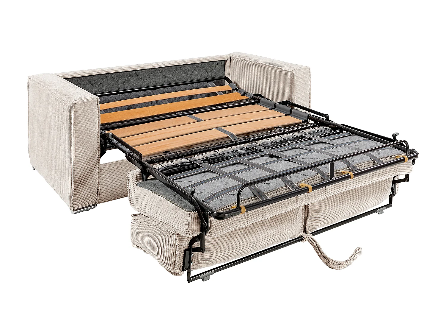 Canapé 4 places convertible express en velours côtelé beige avec assise mémoire de forme - Couchage à lattes larges 160 cm - Matelas 22 cm mémoire de forme LORETO