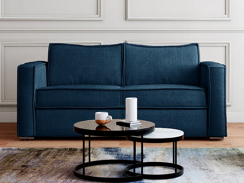 Canapé 4 places convertible express en velours côtelé bleu nuit avec assise mémoire de forme - Couchage 160 cm - Matelas 14 cm LORETO