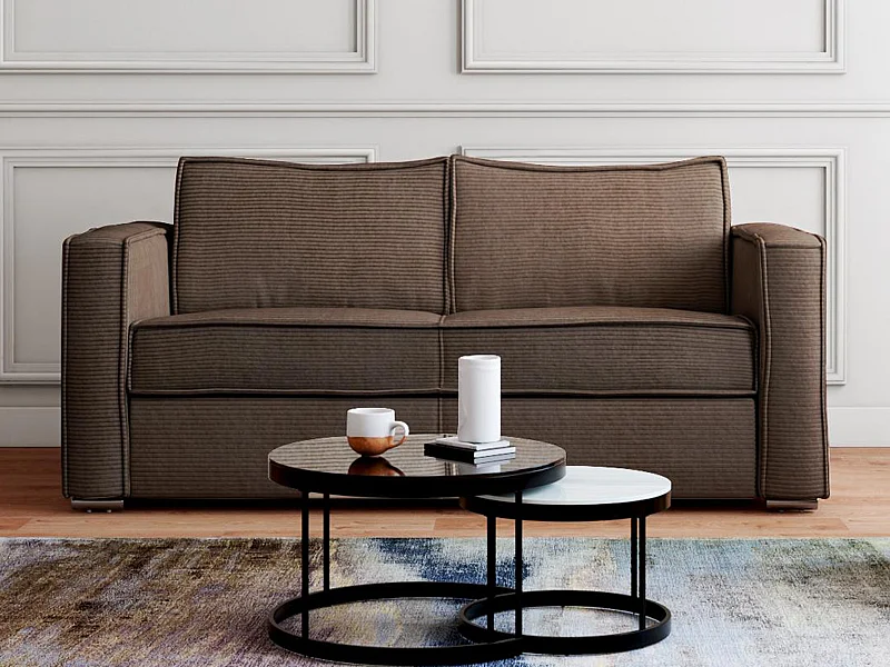 Canapé 3 places convertible express en velours côtelé marron avec assise mémoire de forme - Couchage 140 cm - Matelas 22 cm mémoire de forme LORETO