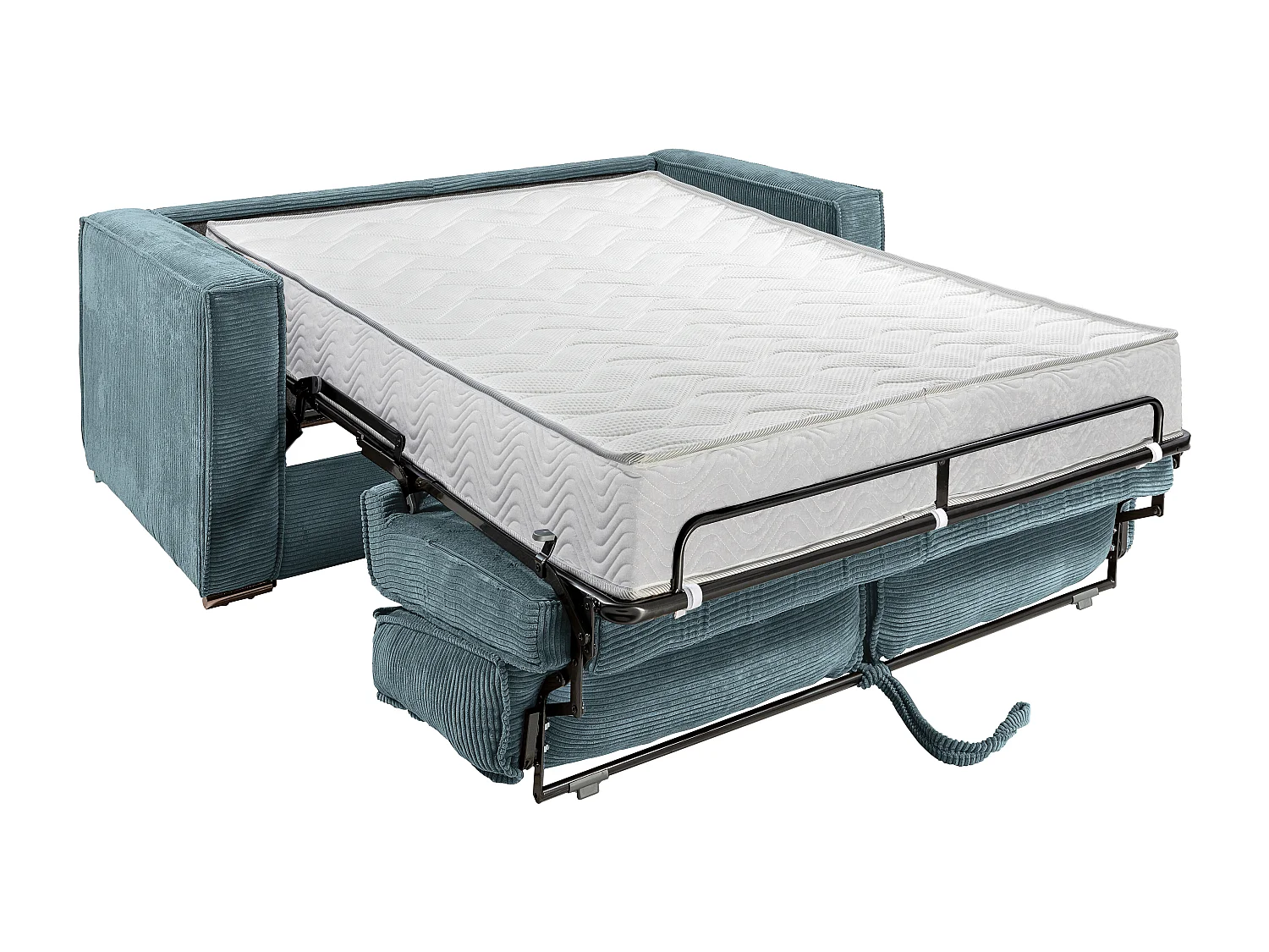 Canapé 4 places convertible express en velours côtelé bleu turquoise avec assise mémoire de forme - Couchage 160 cm - Matelas 22 cm mémoire de forme LORETO