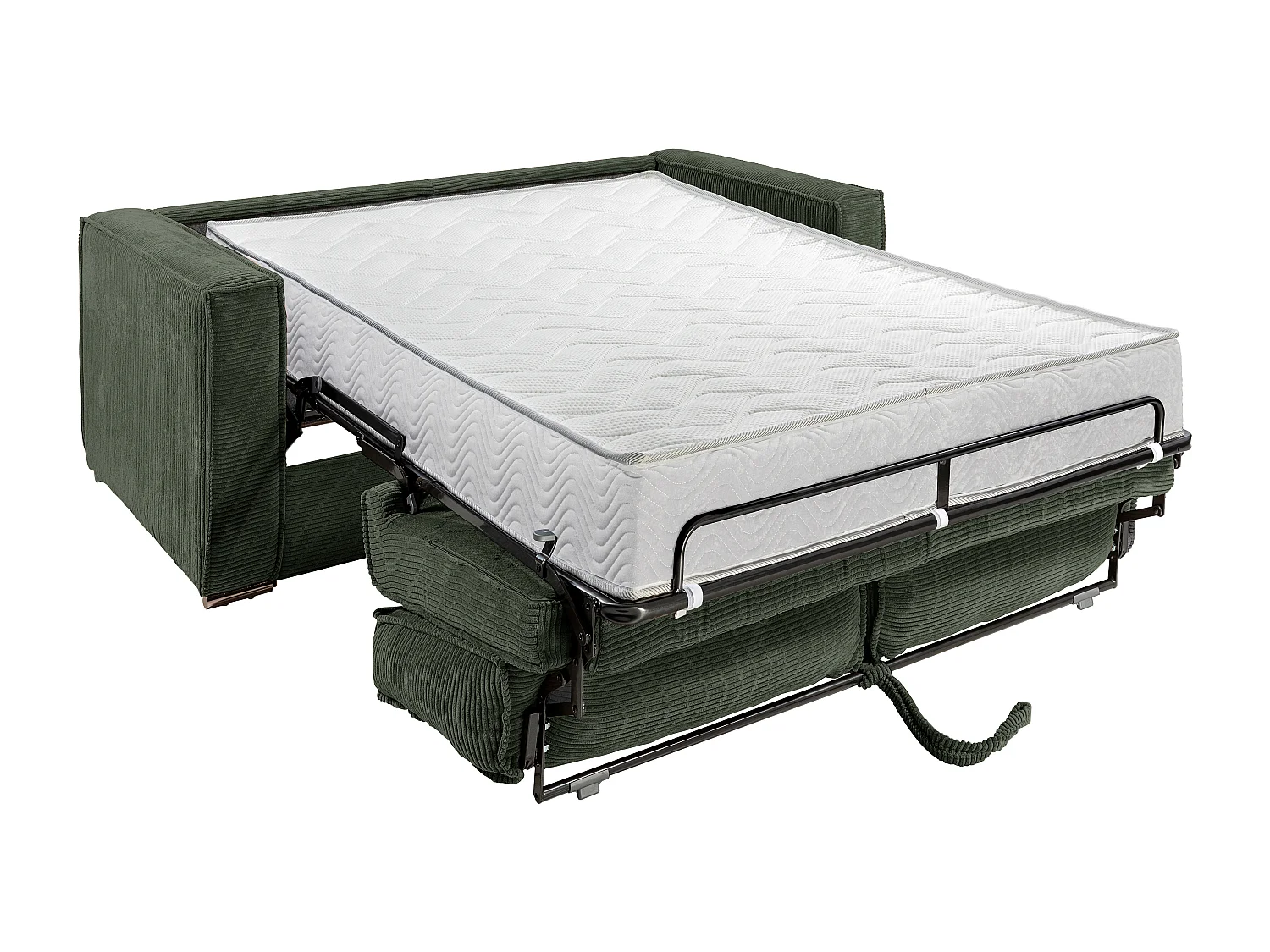 Canapé 4 places convertible express en velours côtelé vert sapin avec assise mémoire de forme - Couchage 160 cm - Matelas 22 cm mémoire de forme LORETO