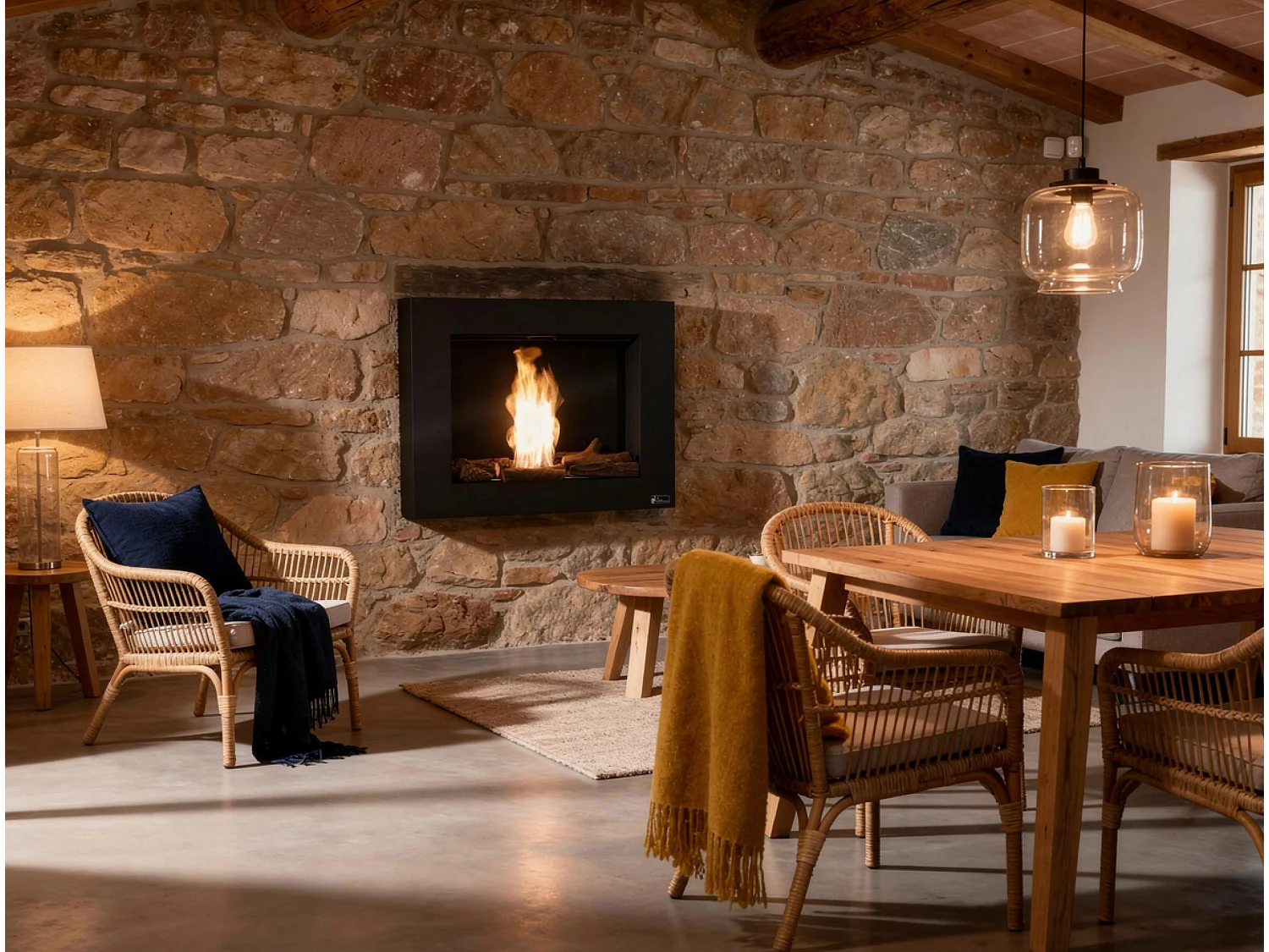 Cheminée à l'éthanol en noir avec des bûches décoratives