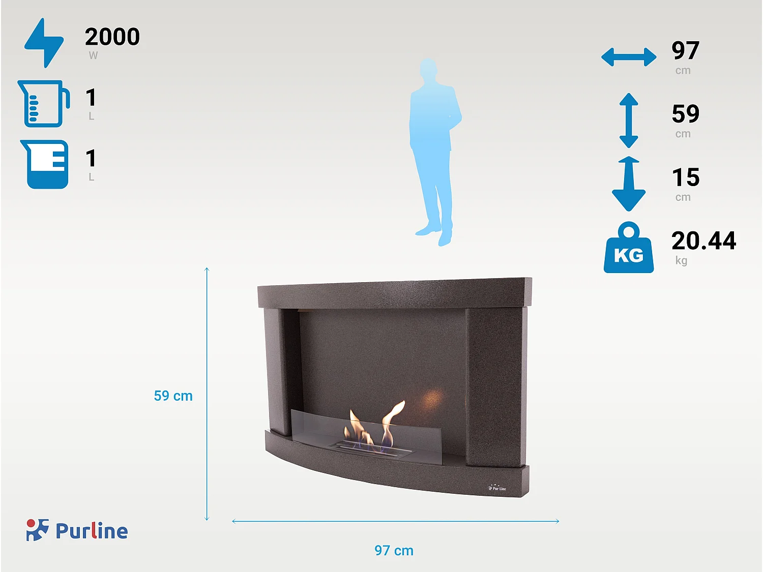 Rechthoekige design wandhaard op ethanol in zwart staal en gehard glas