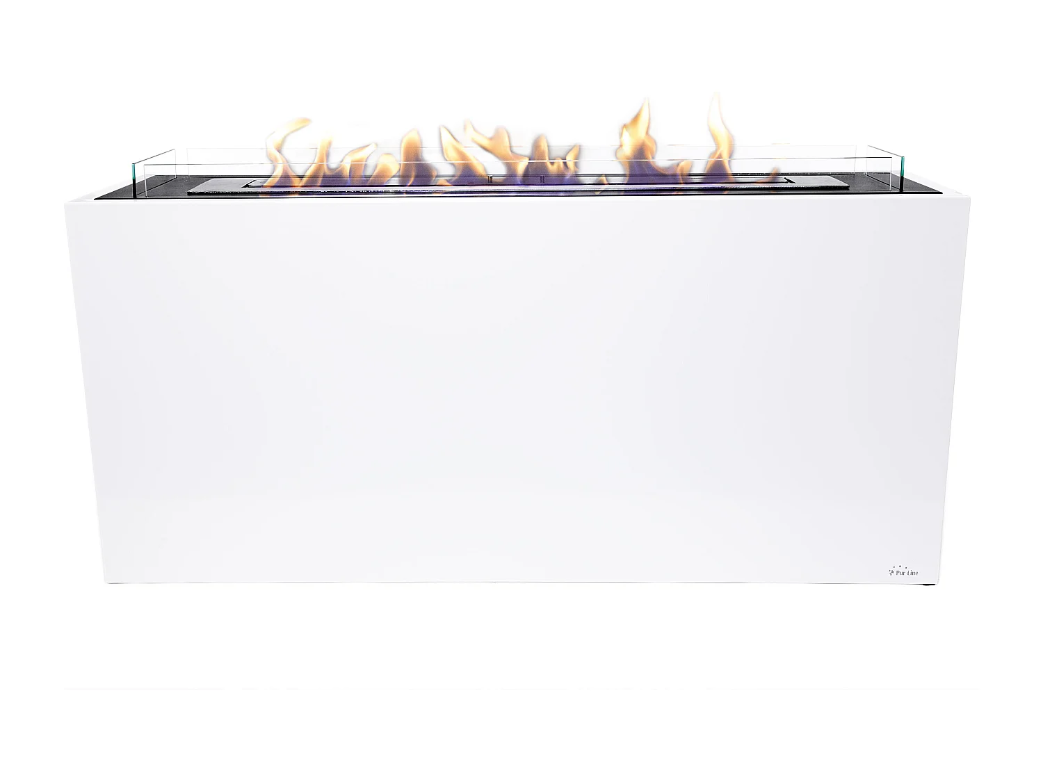 Grande cheminée à l'éthanol au sol en acier blanc et 3 brûleurs.