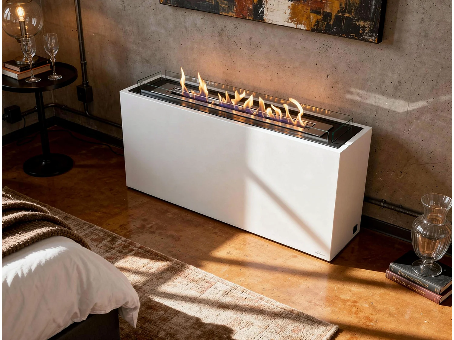 Staande ethanolhaard, groot rechthoekig ontwerp in wit gelakt staal en 3 branders