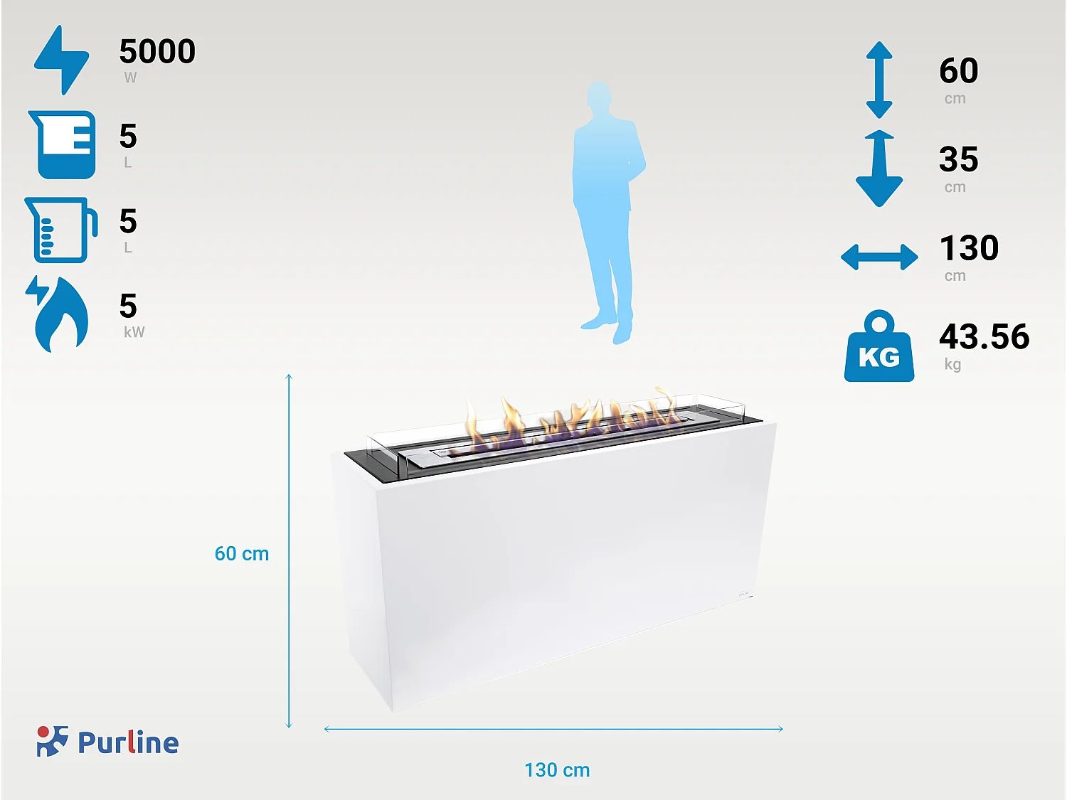 Staande ethanolhaard, groot rechthoekig ontwerp in wit gelakt staal en 3 branders