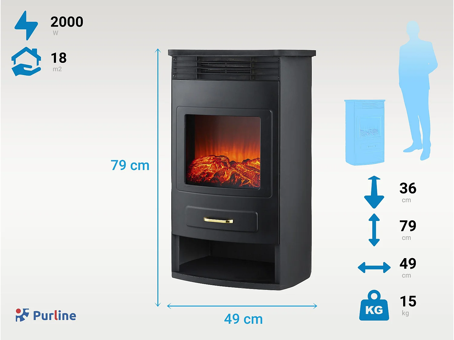 Poêle électrique en acier noir de 2000W