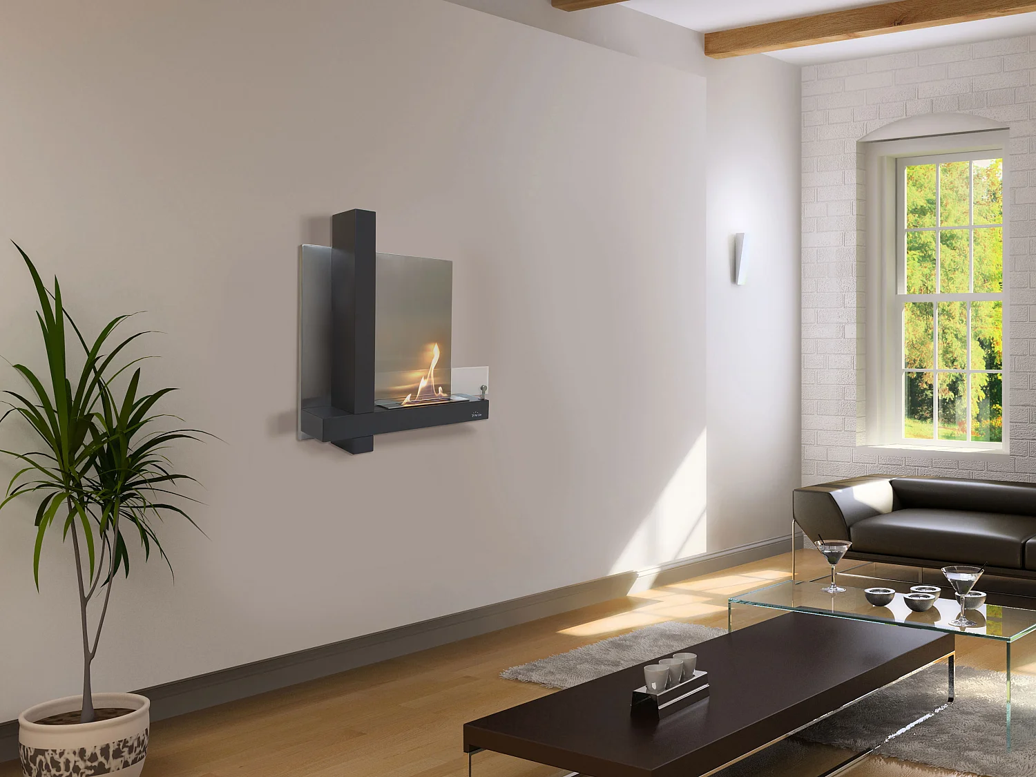 Camino a etanolo da parete nero in acciaio inox