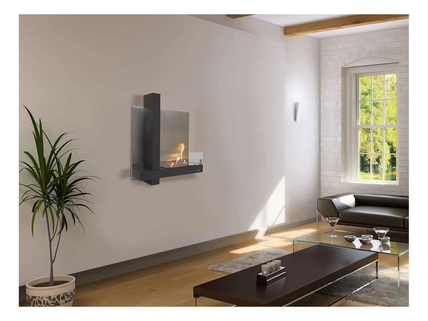 Wandgemonteerde ethanolhaard in zwart roestvrij staal design