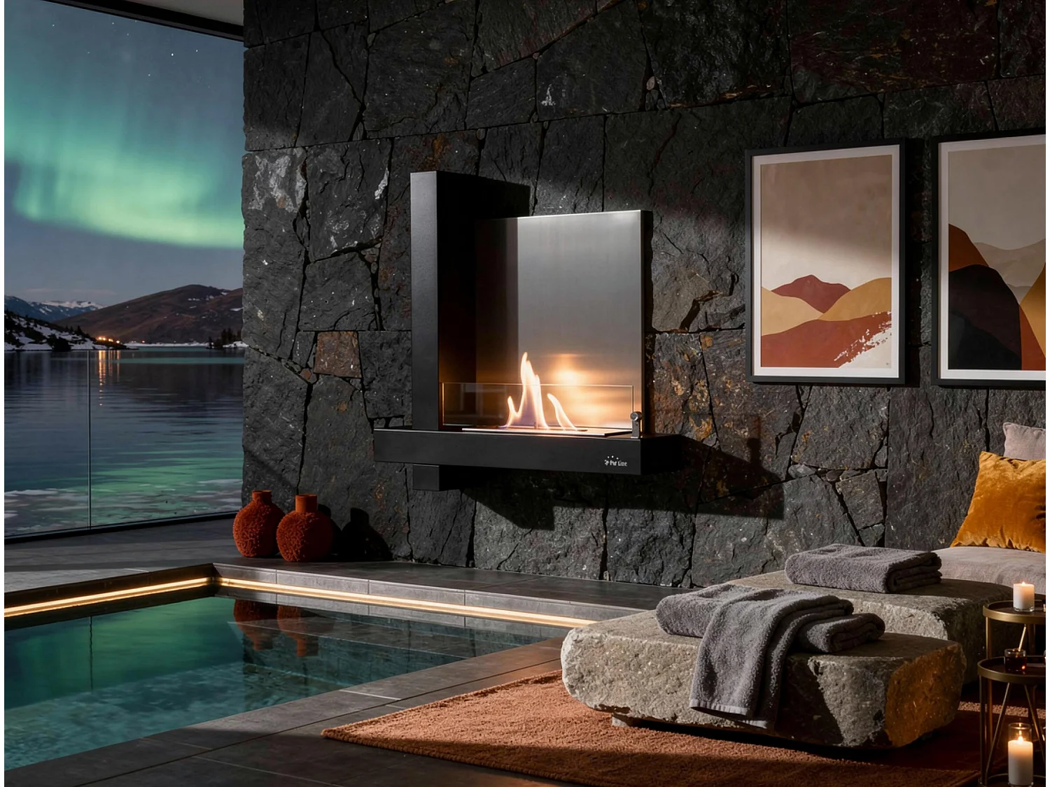 Cheminée à l'éthanol en verre et acier inox noir