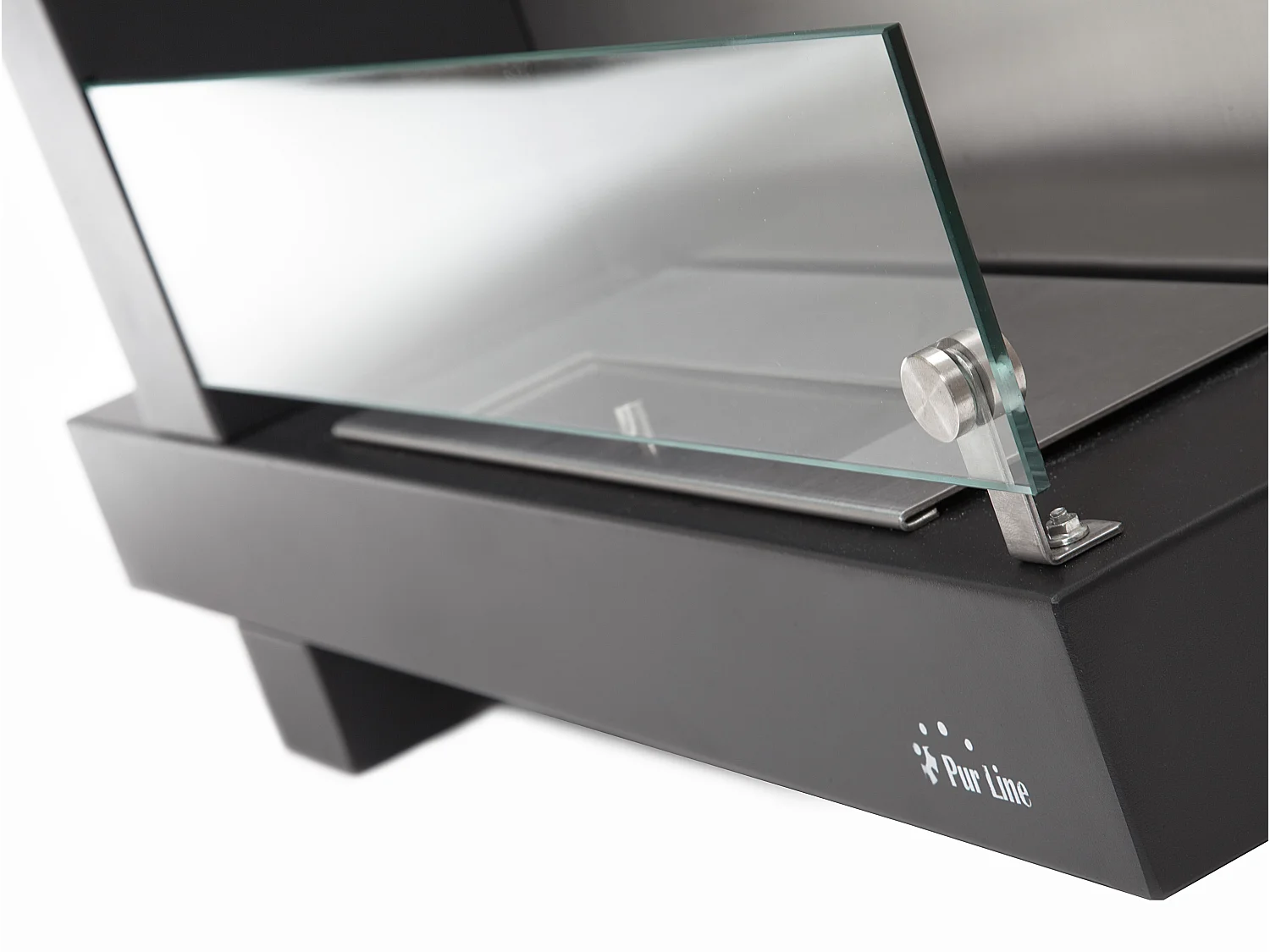 Cheminée à l'éthanol en verre et acier inox noir