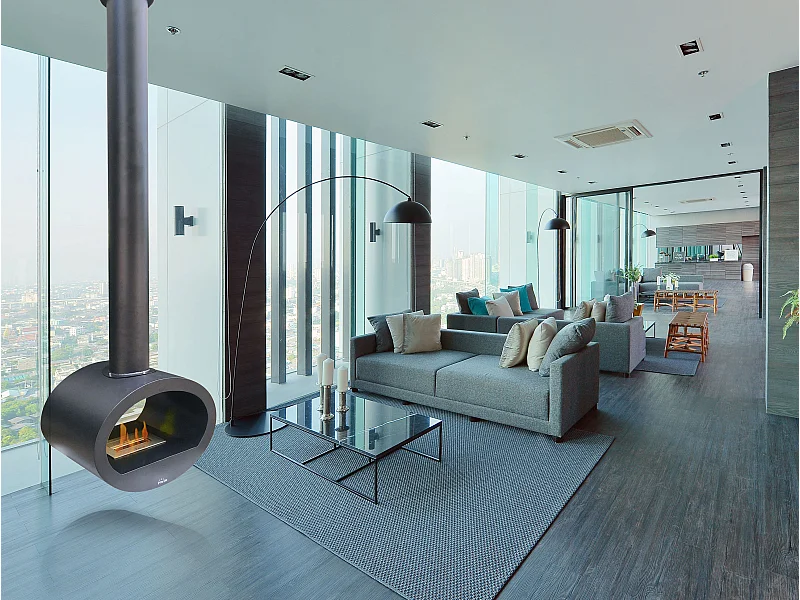 Chimenea de etanol de techo con diseño alargado en acero negro