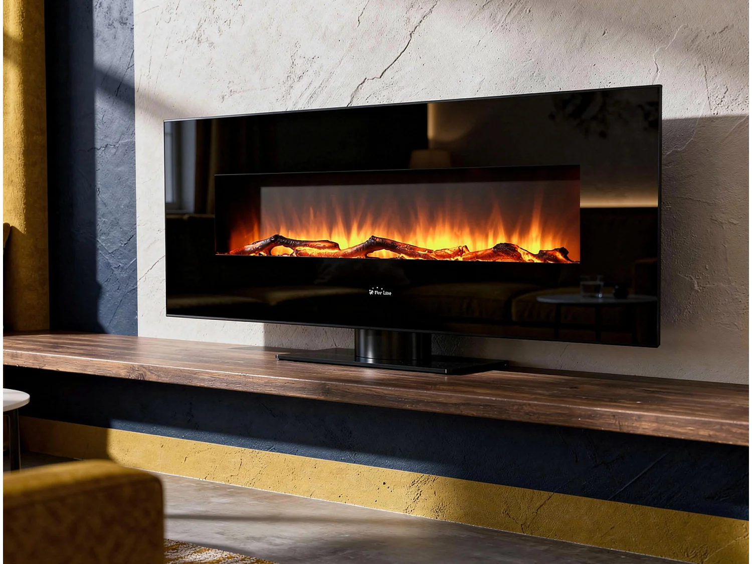 Panoramische elektrische haard in zwart gehard glas