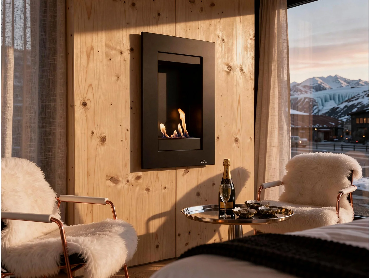 Verticale wandgemonteerde ethanolhaard in zwart staal