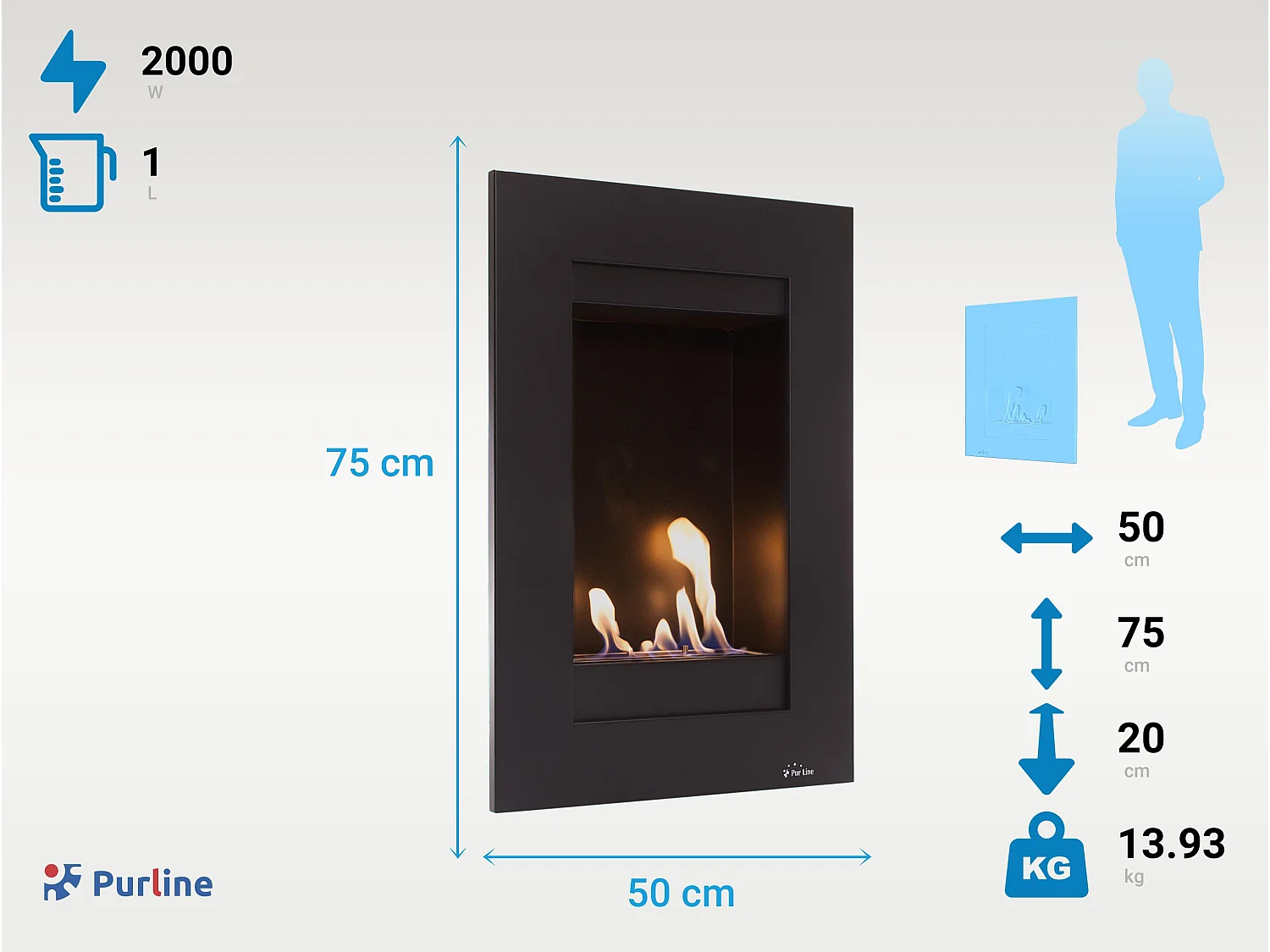 Verticale wandgemonteerde ethanolhaard in zwart staal