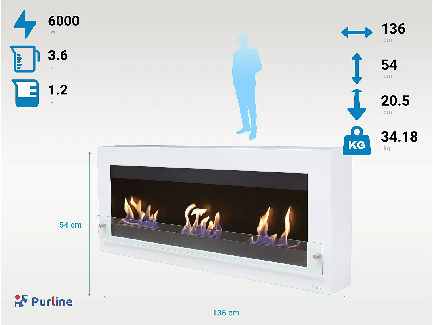 Extragroßer wandmontierter Ethanol-Kamin aus Stahl und gehärtetem Glas