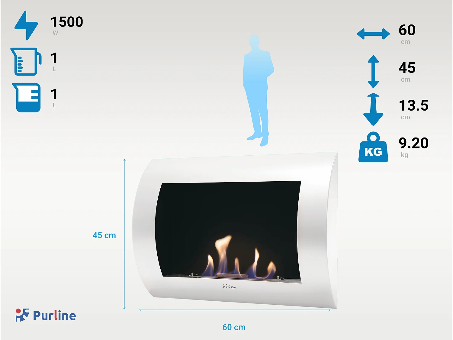 Bioethanol-Wandkamin aus rotem weißen Stahl mit gebogener Vorderplatte.