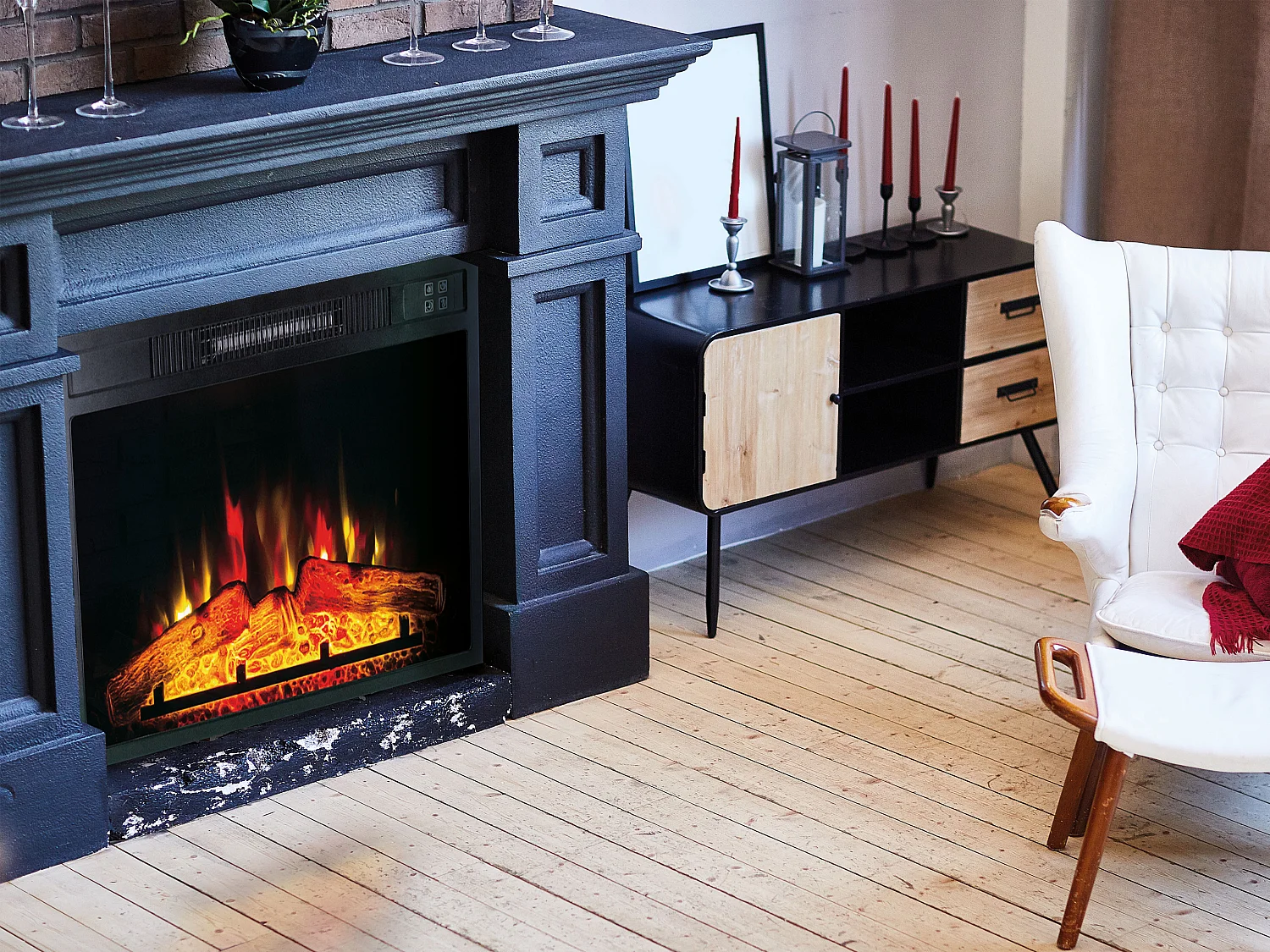 Elektrische haard 2000W voor wandmontage met afstandsbediening en regelbare vlam