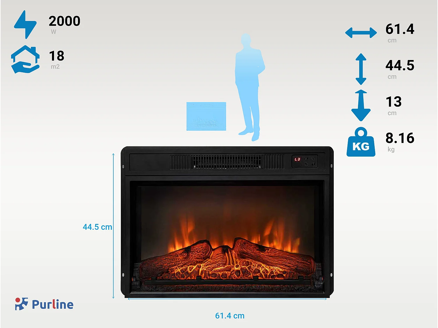 Cheminée électrique 2000W en verre trempé noir avec télécommande